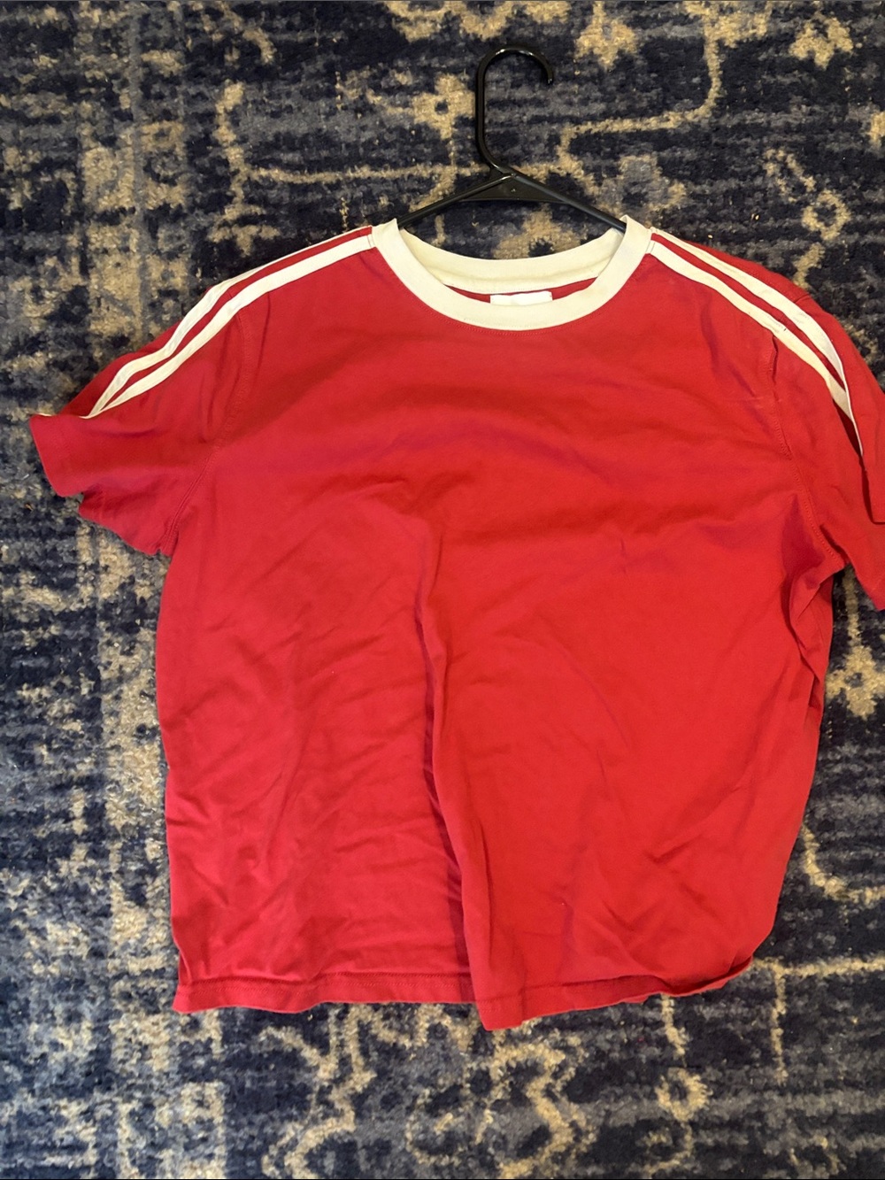 Classic Red Short Sleeve Tee with White Stripe Shoulder Detail